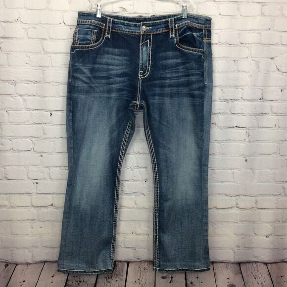 Rock Revival Blue Jeans Men's 44 x 29.5 "Steven Straight" Pockets Leather Patch - Picture 1 of 7